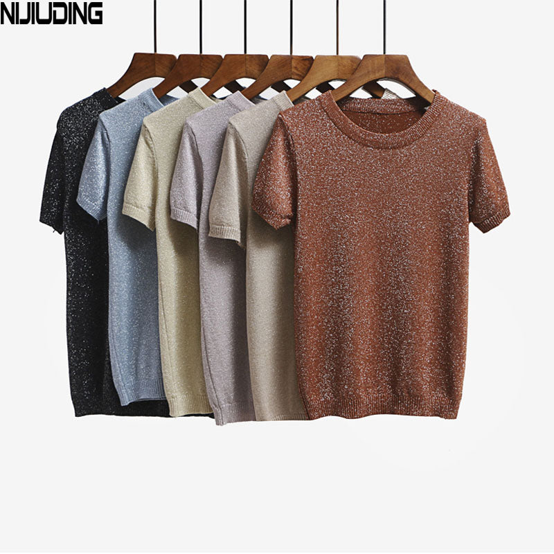 NIJIUDING 2017 Summer Knitted T Shirt Top Tees Short Sleeve Solid O-neck T-Shirts Fashion Slim Knitwear T-shirt Dropshipping