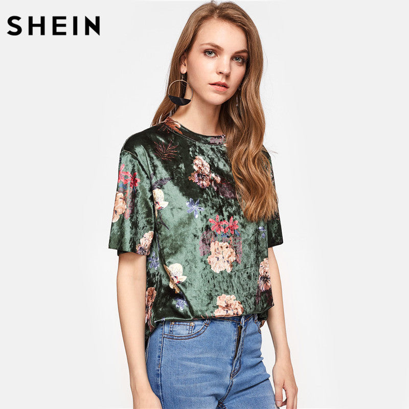 SHEIN Flor Imprimir T-shirt de Veludo Floral Verde T camisas Mulheres 2017 Verão Gola de Manga Curta 2017 Mulher Tops