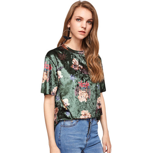SHEIN Flor Imprimir T-shirt de Veludo Floral Verde T camisas Mulheres 2017 Verão Gola de Manga Curta 2017 Mulher Tops