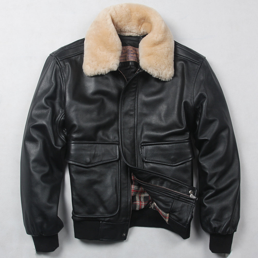 Avirex fly air force jaqueta de vôo gola de pele jaqueta de couro genuíno dos homens inverno marrom escuro casaco de pele carneiro piloto jaqueta bomber