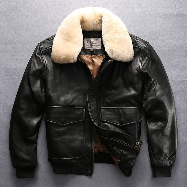 Avirex fly air force jaqueta de vôo gola de pele jaqueta de couro genuíno dos homens inverno marrom escuro casaco de pele carneiro piloto jaqueta bomber