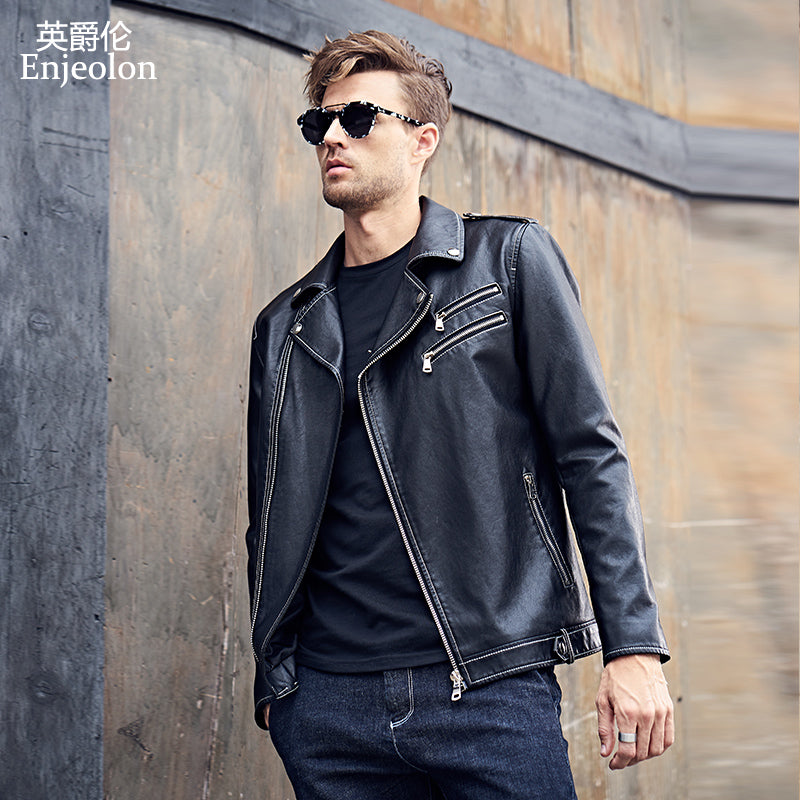 Enjeolon 2017 brand PU Motorcycle Leather Jacket Men  regular fabric fashion Clothing Casual black Coats free ship P310