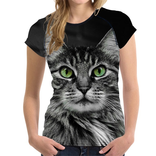 FORUDESIGNS Black 3D Cat Animal Women Casual T Shirt Brand Clothing Women Short Sleeved Breathable Tshirt Female Fitness Tops