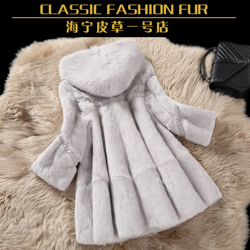 Whole skin real rabbit fur winter coat outwerwear women A line loose fit natural fur coats with a hood 2016 autumn g8n26