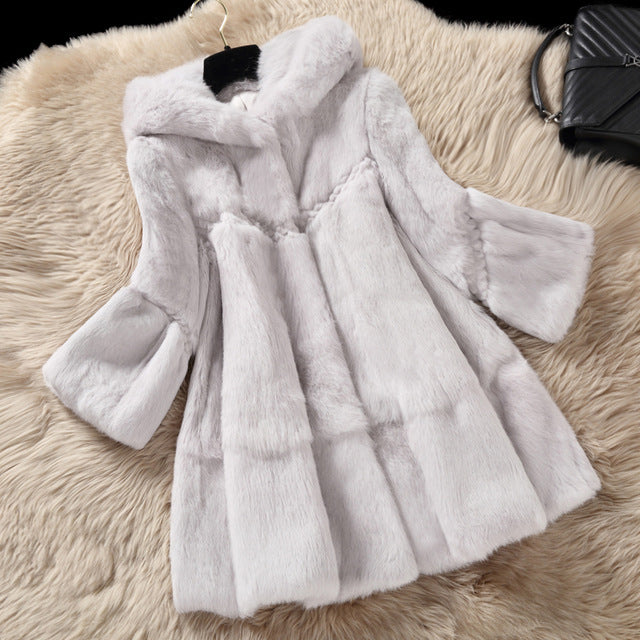Whole skin real rabbit fur winter coat outwerwear women A line loose fit natural fur coats with a hood 2016 autumn g8n26