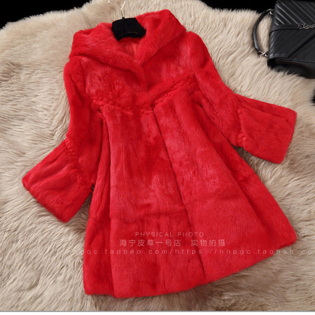 Whole skin real rabbit fur winter coat outwerwear women A line loose fit natural fur coats with a hood 2016 autumn g8n26