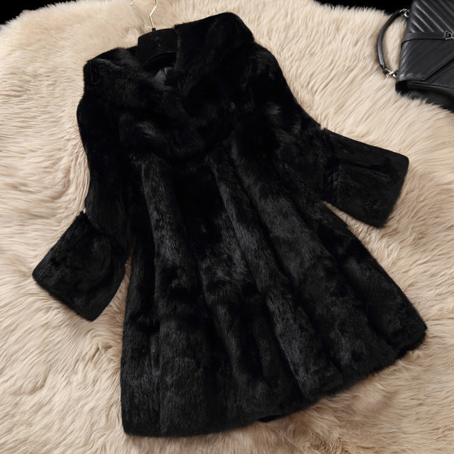 Pele inteira pele de coelho real casaco de inverno outwerwear feminino uma linha solta ajuste casacos de pele natural com capuz 2016 outono g8n26
