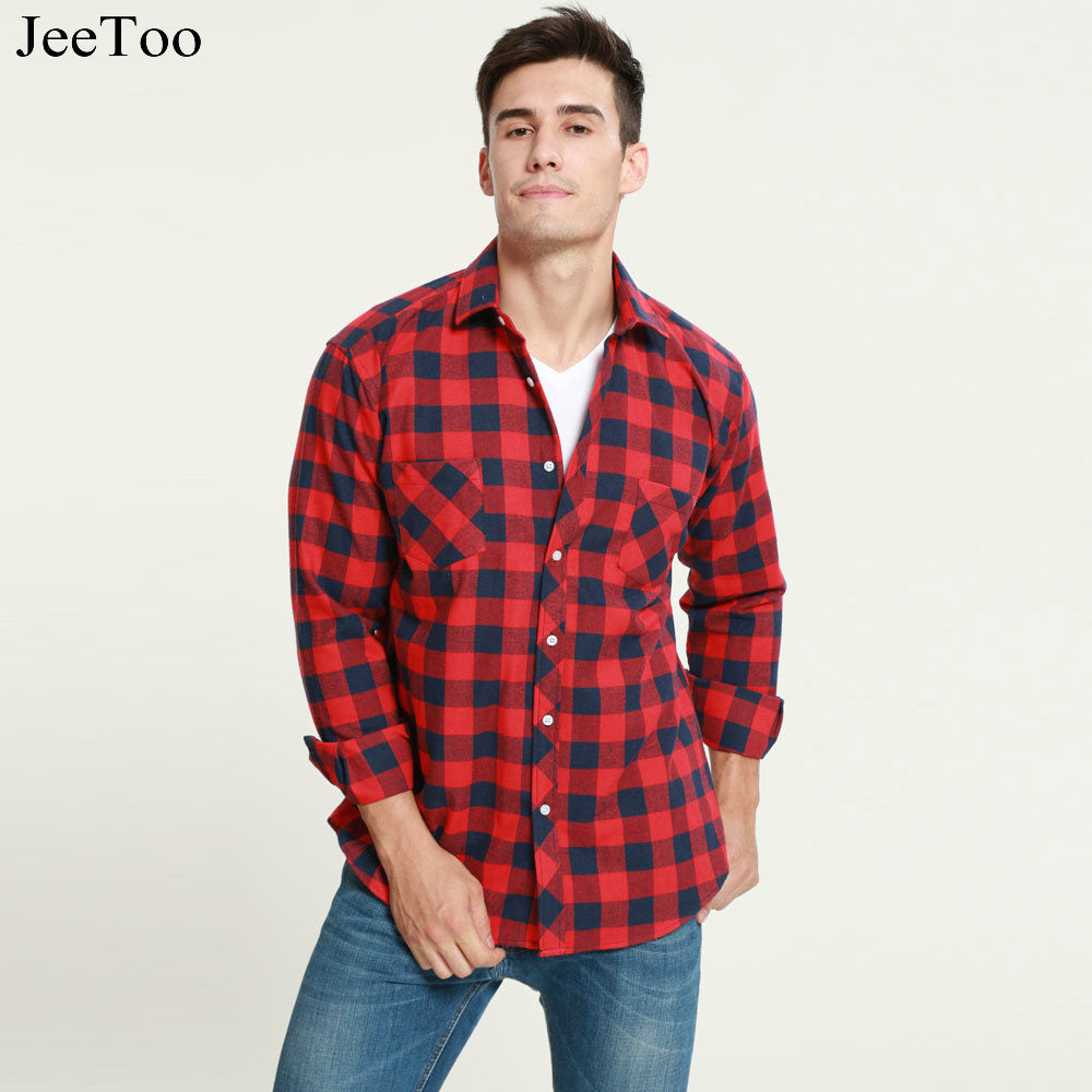 JeeToo الرجال قميص طويل الأكمام منقوشة الفانيلا الرجال قمصان عادية سليم صالح رجالي فستان قمصان موضة متقلب قميص شيميز أوم