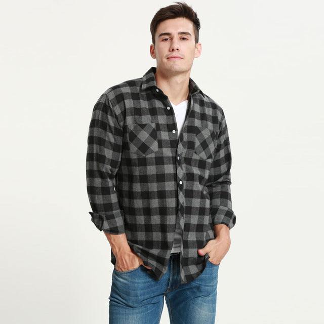 JeeToo Men Shirt Long Sleeve Plaid Flannel Men Casual Shirts Slim Fit Mens Dress Shirts Fashion Checkered Shirt Chemise Homme