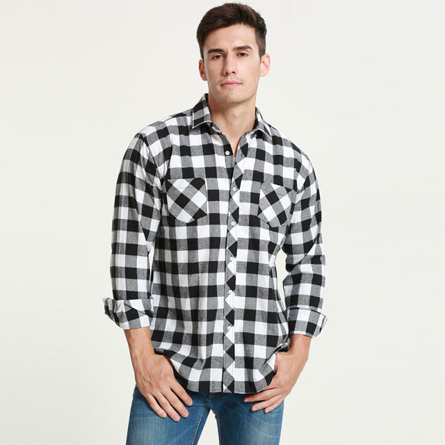 JeeToo Men Shirt Long Sleeve Plaid Flannel Men Casual Shirts Slim Fit Mens Dress Shirts Fashion Checkered Shirt Chemise Homme