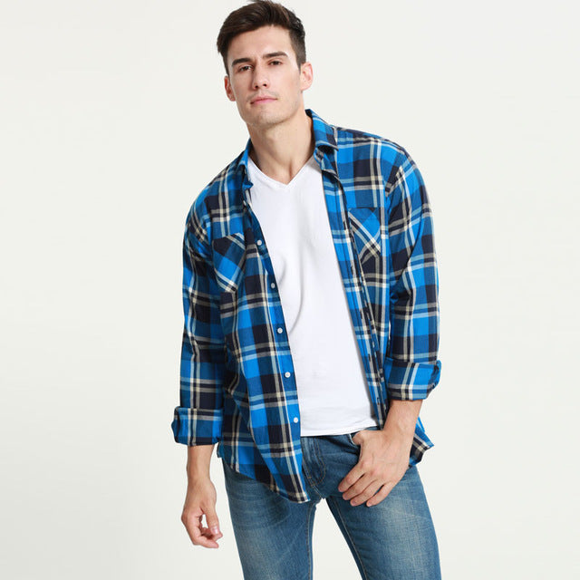 JeeToo Plaid Mens Shirt Long Sleeve Slim Fit Flannel Men's Shirt Plaid Autumn Winter Mens Dress Shirts Casual Chemise Homme 5XL