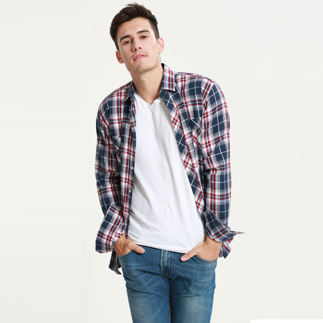 JeeToo Plaid Mens Shirt Long Sleeve Slim Fit Flannel Men's Shirt Plaid Autumn Winter Mens Dress Shirts Casual Chemise Homme 5XL