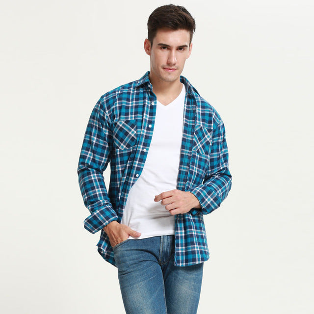 JeeToo Plaid Mens Shirt Long Sleeve Slim Fit Flannel Men's Shirt Plaid Autumn Winter Mens Dress Shirts Casual Chemise Homme 5XL