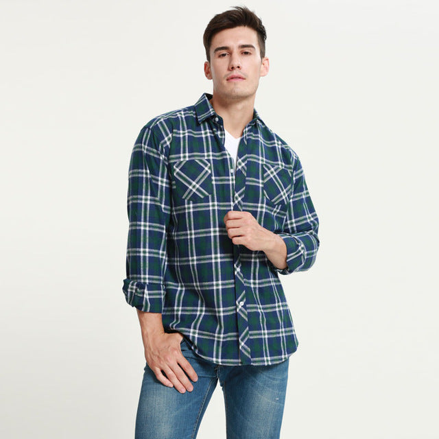 JeeToo Plaid Mens Shirt Long Sleeve Slim Fit Flannel Men's Shirt Plaid Autumn Winter Mens Dress Shirts Casual Chemise Homme 5XL