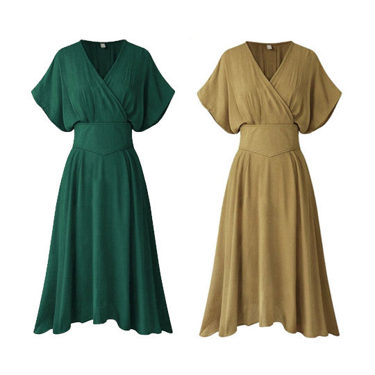 Vestido de dia feminino com decote em V e cintura elástica