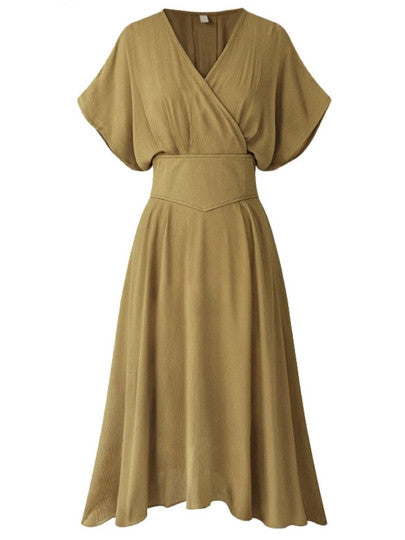 Vestido de dia feminino com decote em V e cintura elástica