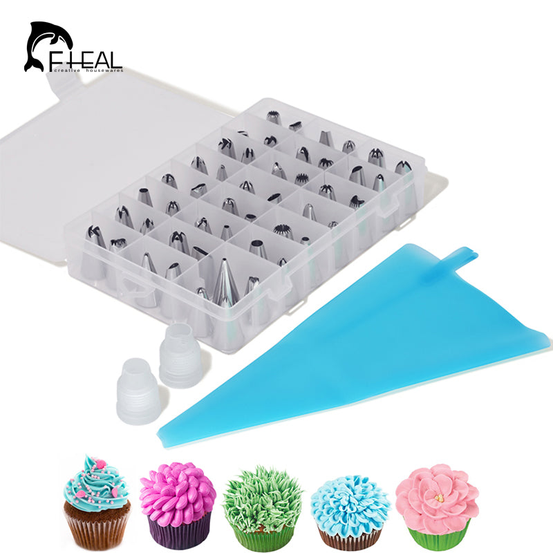 FHEAL 51pcs/set Dessert Decorators Silicone Icing Piping Cream Pastry Bag+48 Stainless Steel Nozzle Set DIY Cake Decorating Tips