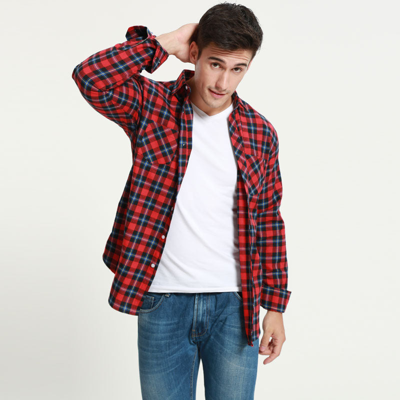 JeeToo Plaid Mens Shirt Long Sleeve Slim Fit Flannel Men's Shirt Plaid Autumn Winter Mens Dress Shirts Casual Chemise Homme 5XL