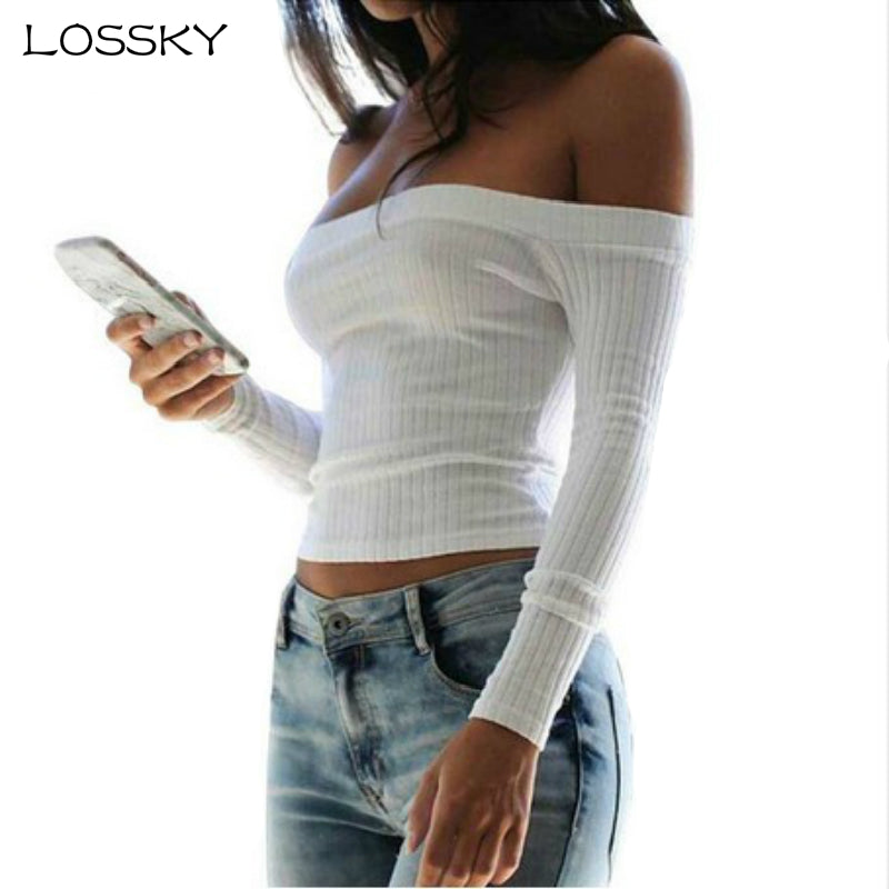 Autumn new 2017 off shoulder crop top t shirts hot sale long sleeve solid short t-shirts for women clothing fashion slim t-shirt