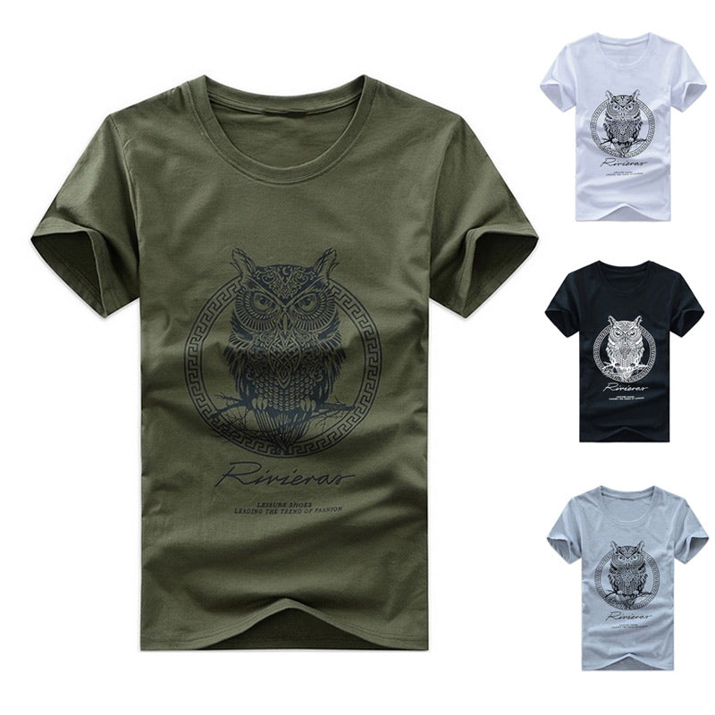 Moda masculina algodão manga curta camiseta coruja impressão verão casual noite pássaro o-pescoço camisetas camisetas h9