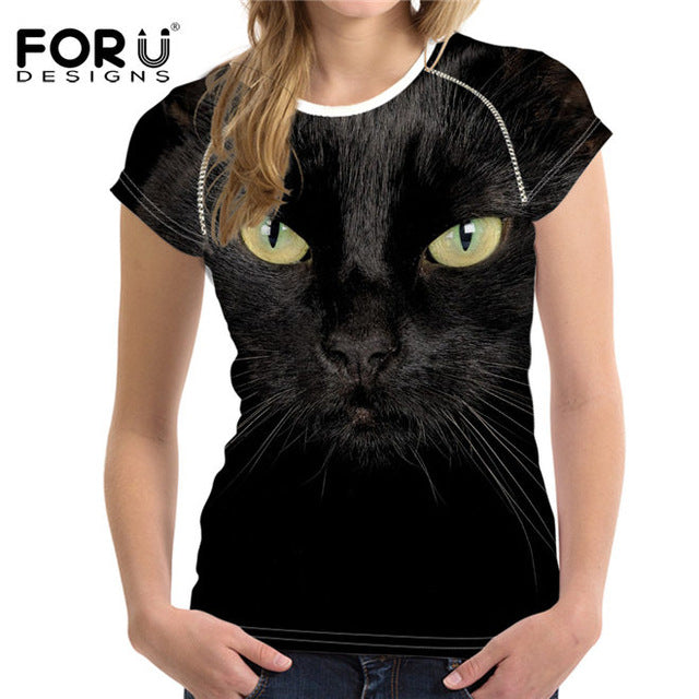 FORUDESIGNS Black 3D Cat Animal Women Casual T Shirt Brand Clothing Women Short Sleeved Breathable Tshirt Female Fitness Tops