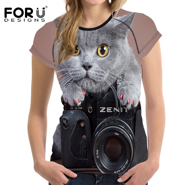 FORUDESIGNS Black 3D Cat Animal Women Casual T Shirt Brand Clothing Women Short Sleeved Breathable Tshirt Female Fitness Tops