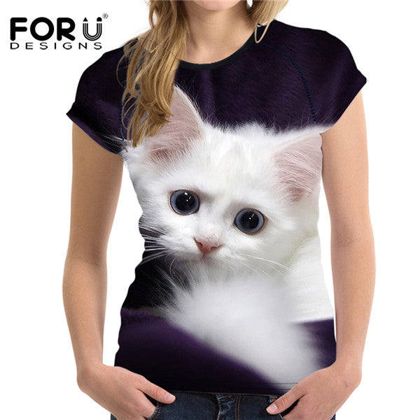 FORUDESIGNS Black 3D Cat Animal Women Casual T Shirt Brand Clothing Women Short Sleeved Breathable Tshirt Female Fitness Tops