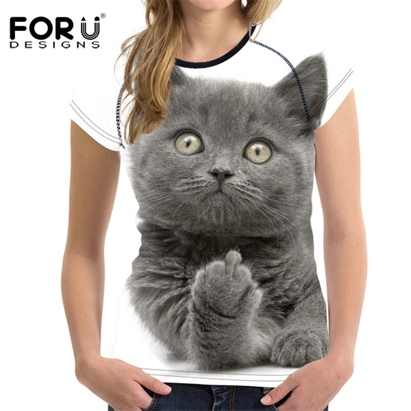 FORUDESIGNS Black 3D Cat Animal Women Casual T Shirt Brand Clothing Women Short Sleeved Breathable Tshirt Female Fitness Tops