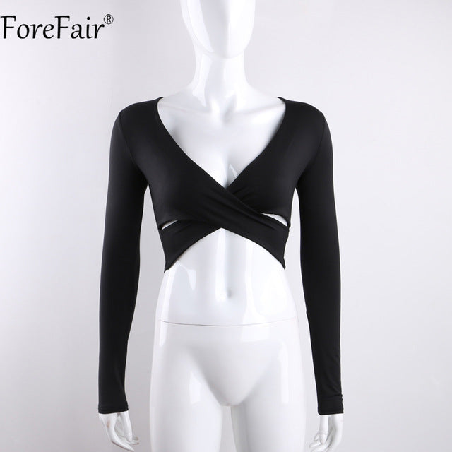 ForeFair 2017 Trend Cross V-neck Sexy Crop Top Women Slim T-shirt Black White Purple Long Sleeve T shirt