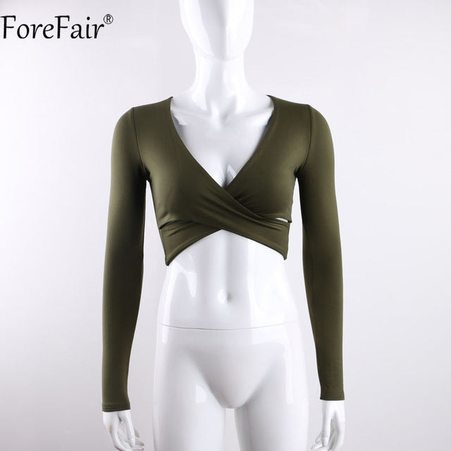 Forfair 2017 الاتجاه الصليب الخامس الرقبة مثير المحاصيل الأعلى المرأة سليم تي شيرت أسود أبيض أرجواني كم طويل تي شيرت