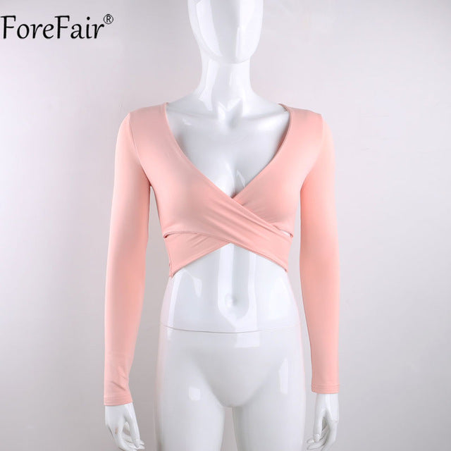 Forfair 2017 الاتجاه الصليب الخامس الرقبة مثير المحاصيل الأعلى المرأة سليم تي شيرت أسود أبيض أرجواني كم طويل تي شيرت