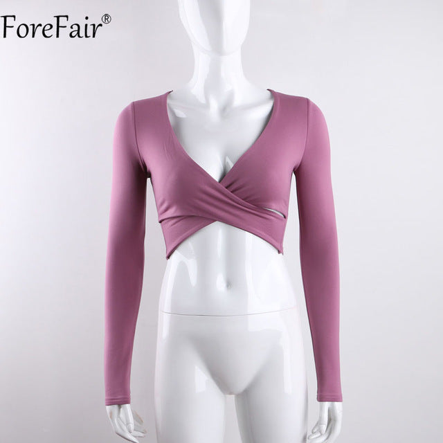 Forfair 2017 الاتجاه الصليب الخامس الرقبة مثير المحاصيل الأعلى المرأة سليم تي شيرت أسود أبيض أرجواني كم طويل تي شيرت