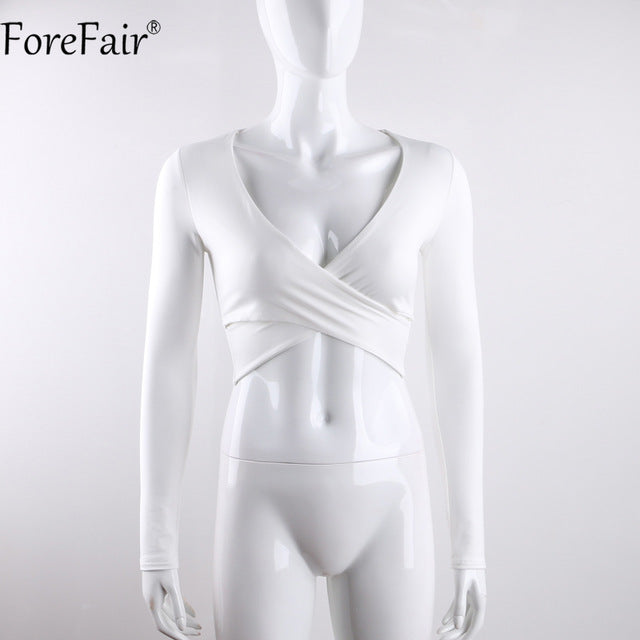 Forfair 2017 الاتجاه الصليب الخامس الرقبة مثير المحاصيل الأعلى المرأة سليم تي شيرت أسود أبيض أرجواني كم طويل تي شيرت