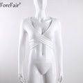 ForeFair 2017 Trend Cross V-neck Sexy Crop Top Women Slim T-shirt Black White Purple Long Sleeve T shirt