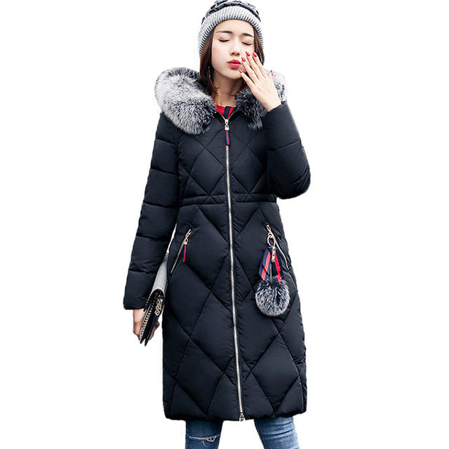 Casaco de inverno de pele grande engrossado parka feminino costura fino longo casaco de inverno para baixo algodão senhoras para baixo parka jaqueta feminina 2017