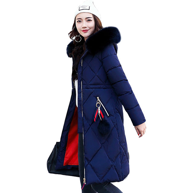 Casaco de inverno de pele grande engrossado parka feminino costura fino longo casaco de inverno para baixo algodão senhoras para baixo parka jaqueta feminina 2017