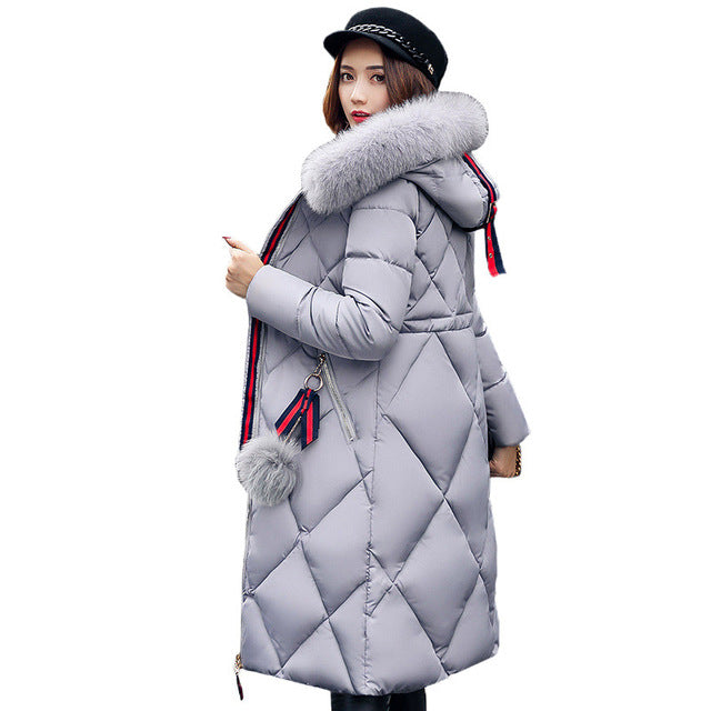 Casaco de inverno de pele grande engrossado parka feminino costura fino longo casaco de inverno para baixo algodão senhoras para baixo parka jaqueta feminina 2017