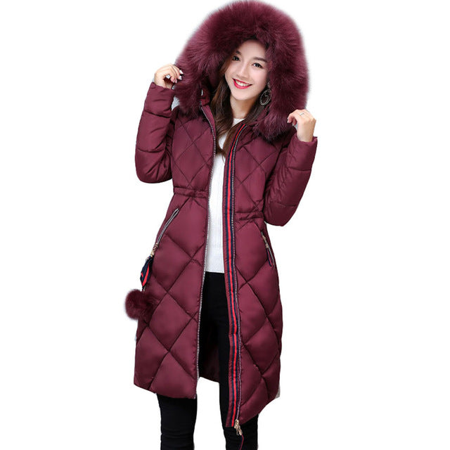 Casaco de inverno de pele grande engrossado parka feminino costura fino longo casaco de inverno para baixo algodão senhoras para baixo parka jaqueta feminina 2017