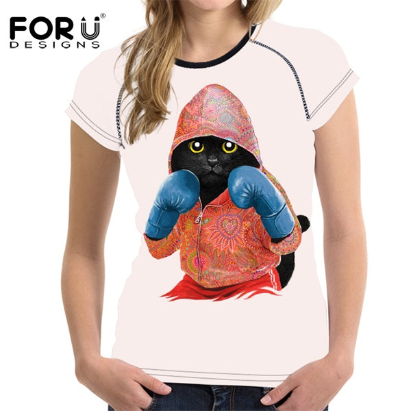 FORUDESIGNS Black 3D Cat Animal Women Casual T Shirt Brand Clothing Women Short Sleeved Breathable Tshirt Female Fitness Tops