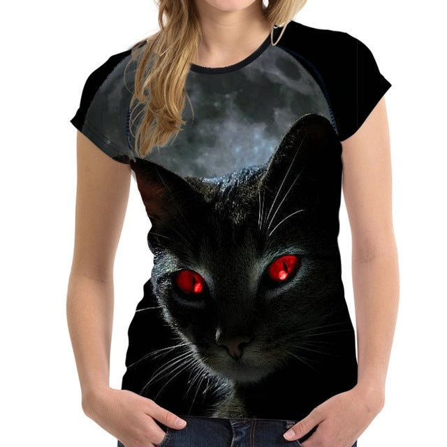 FORUDESIGNS Black 3D Cat Animal Women Casual T Shirt Brand Clothing Women Short Sleeved Breathable Tshirt Female Fitness Tops