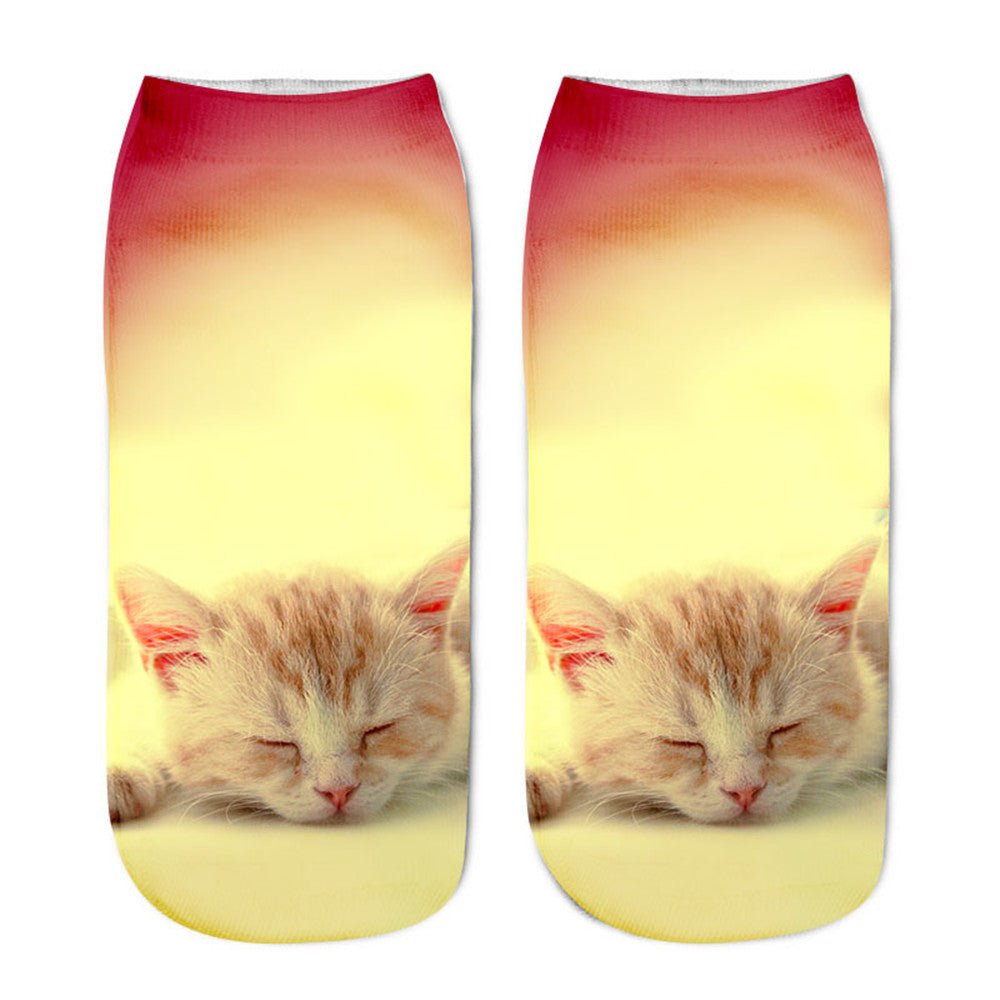 Meias curtas unissex engraçadas populares 3D Cat Impresso Tornozeleira Meias Casuais 