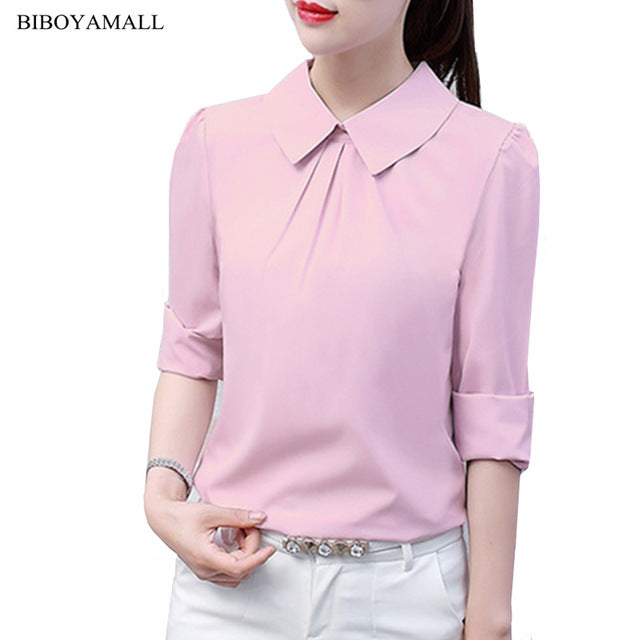 BIBOYAMALL 2017 Novas Mulheres Quentes Blusa Camisa Branca Top Femme Moda Casual Manga Comprida OL Trabalho Sliod Blusas Camisas Femininas/Rosa