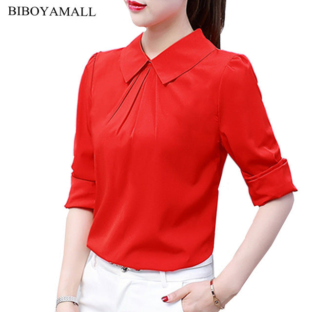 BIBOYAMALL 2017 جديد حار المرأة بلوزة قميص أبيض أعلى فام موضة عادية كم طويل OL العمل Sliod البلوزات قمصان نسائية/الوردي