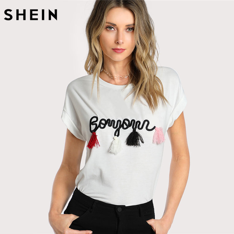 Shein t camisa feminina topos verão o pescoço t camisa batwing manga borla detalhe bordado dolman topo branco manga curta camiseta