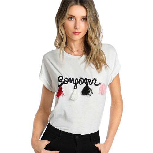 Shein t camisa feminina topos verão o pescoço t camisa batwing manga borla detalhe bordado dolman topo branco manga curta camiseta