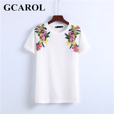GCAROL 2018 Early Spring Embroidered Floral T shirt Two Type Shoulder Floral Design Knit Tops Tees For Ladies