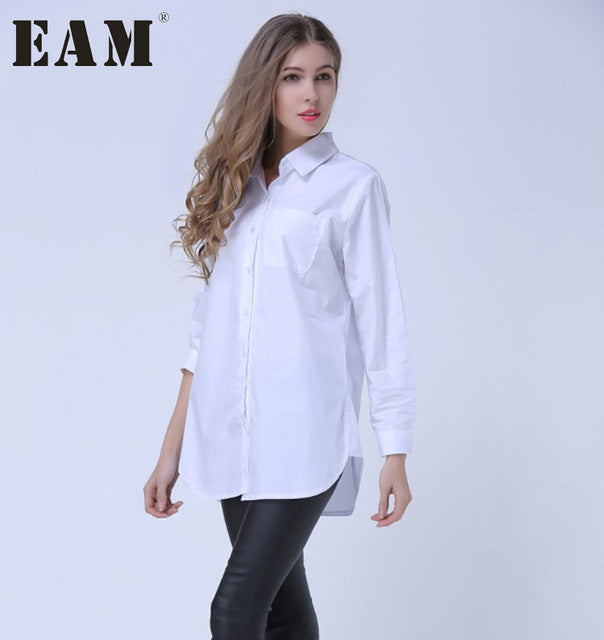 [EAM] 2018 Spring Lapel Fashion New Long Sleeves Solid Color Blue Striped Long Paragraph Loose Women Shirt Tide G01605