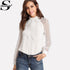 Sheinside 2018 gola manga longa gravata pescoço arco blusa feminina branco pérola miçangas embelezado listrado camisa de manga de malha