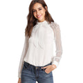 Sheinside 2018 Stand Collar Long Sleeve Tie Neck Bow Blouse Women White Pearl Beading Embellished Striped Mesh Sleeve Shirt