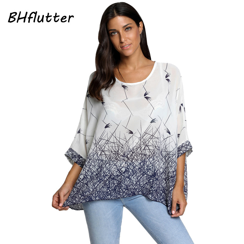 BHflutter النساء البلوزات الصيف بلايز تيز نمط جديد 2018 Batwing بلوزة شيفون عادية قميص 4XL 5XL 6XL حجم كبير النساء الملابس
